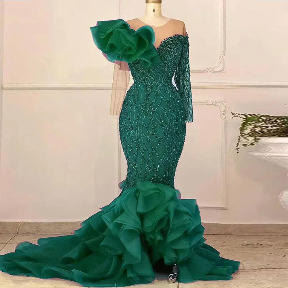 Top Trends: Arabic Aso Ebi Green Lace Mermaid Prom Dresses Sheer Neck Long Sleeves Plus Size Evening Formal Party Second Reception Gowns Shoppable Styles