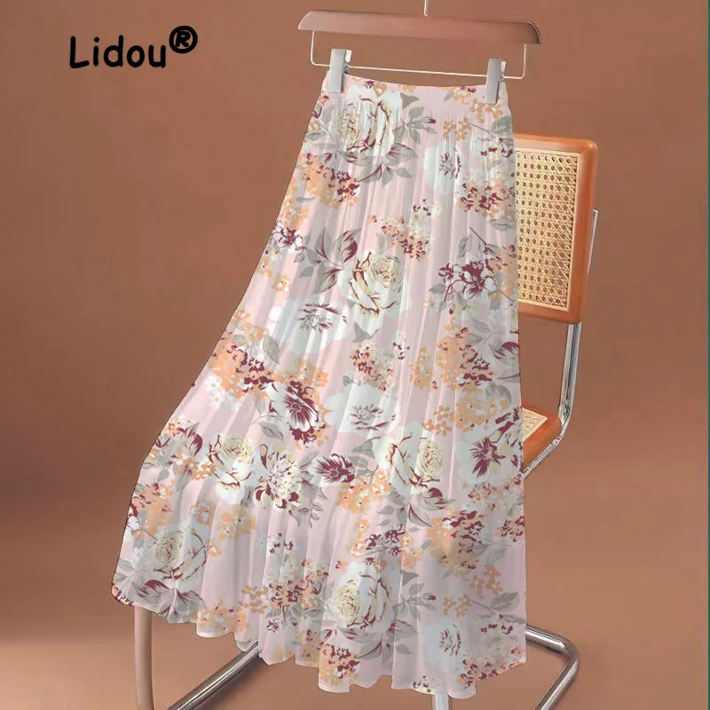 Top Trends: 2023 Summer New Vintage Ink Print Chiffon Mid Length Women's High Waist Casual A-line Large Swing Dance Skirt Shoppable Styles