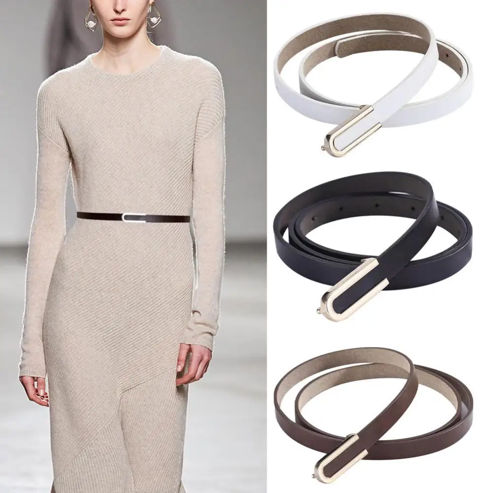 Top Trends: Fashion Women PU Leather Belt Solid Color Thin Skinny Metal Buckle Waistband Belt Adjustable Elastic Ladies Dress Waist Belt Shoppable Styles