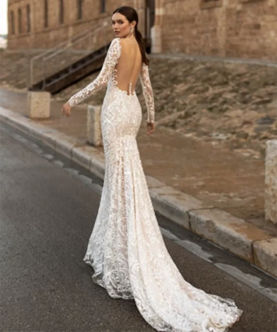 Top Trends: Exquisite Lace Long Sleeve Wedding Dress For Women Sheath Illusion V-Neck Bridal Floor Length Backless Dresses Court Train 2023 Shoppable Styles - Image 3