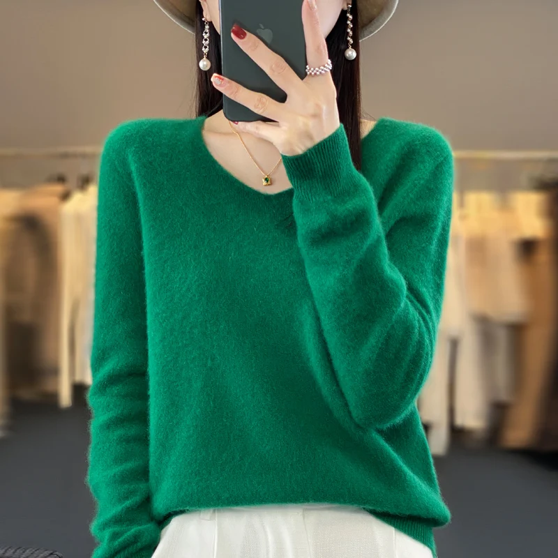 Top Trends: Spring And Autumn New 100% Pure Sweater V-neck Thin Sweater Women Loose Temperament Knitted Bottoming Shirt Shoppable Styles