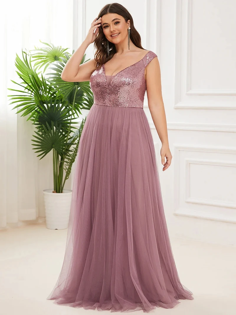 Top Trends: Plus Size Luxury Women&#039;s Dresses Long A-LINE V-Neck Sleeveles High Waist Tulle Gown 2024 BAZIIINGAAA Of Sequin Prom Women Dress Shoppable Styles