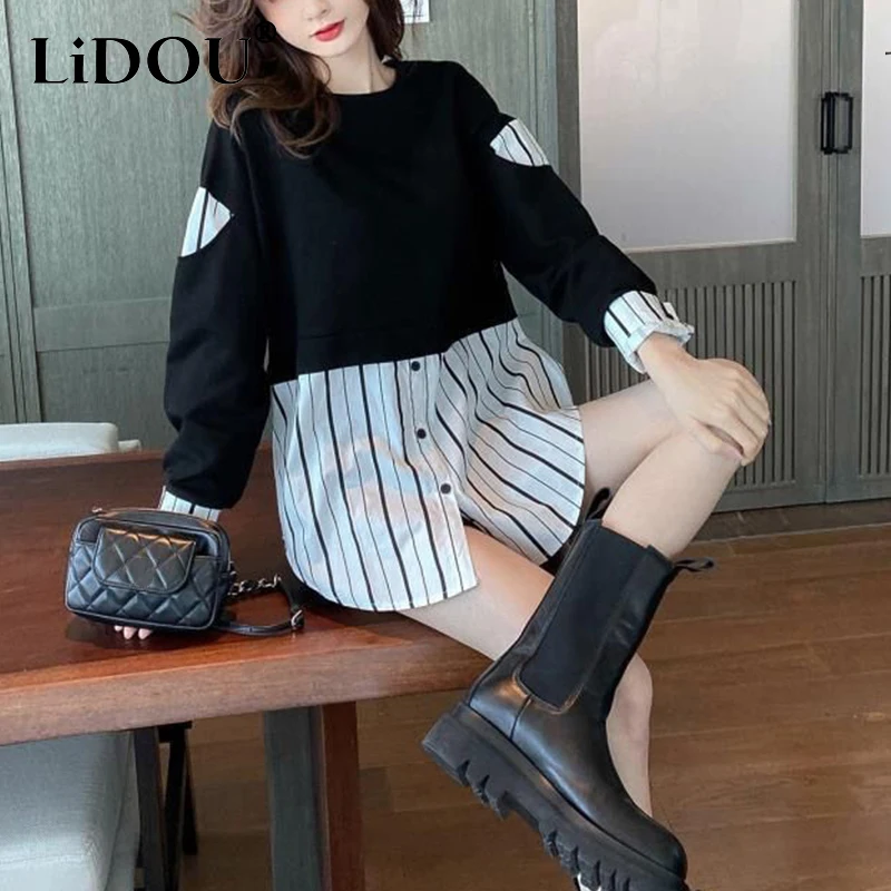 Top Trends: Spring Autumn Fake Two Piece Striped Patchwork Sweatshirt Women Korean Fashion Long Sleeve Loose Casual All-match Pullovers Top Shoppable Styles