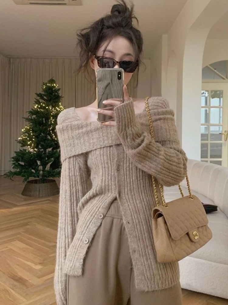 Top Trends: Deeptown Gyaru Y2K Off Shoulder Sweater Women Korean Elegant Slim Knitted Jumper Harajuku Casual Knitwear Tops Old Money Style Shoppable Styles