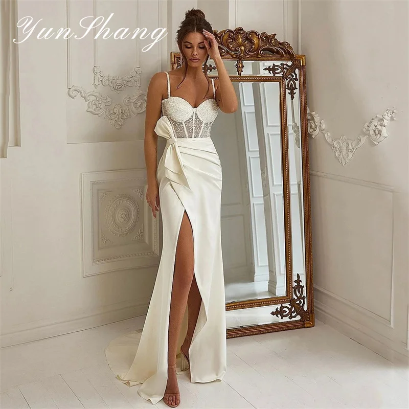 Top Trends: Yunshang Mermaid Wedding Dress Women Open Back Beading Sweetheart Side Split Bow Bridal Gowns Sweep Train Pleat Vestido De Novia Shoppable Styles