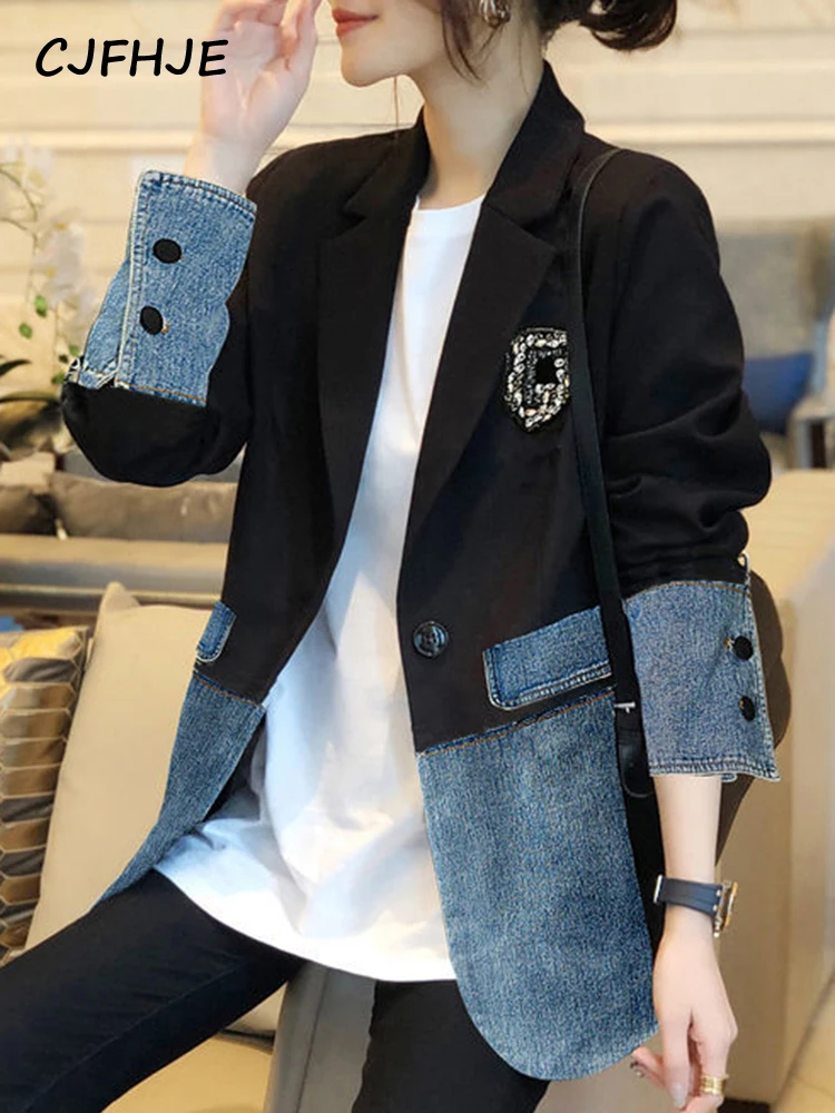 Top Trends: CJFHJE Small Suit Jacket Female Spring Autumn Design Sense Niche New Korean Fashion Denim Irregular Stitching Top Jacket Women Shoppable Styles