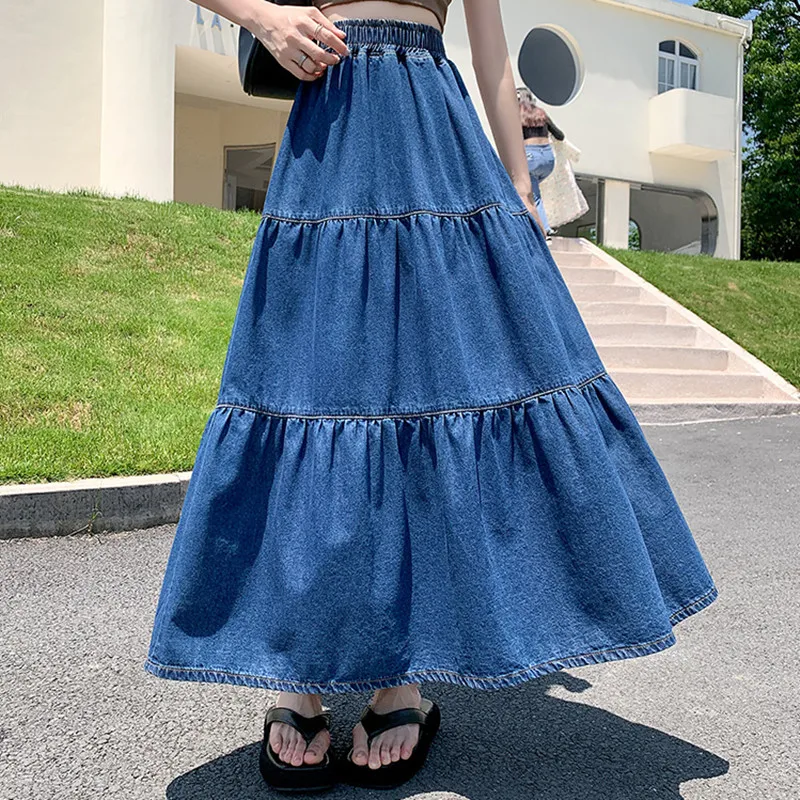 Top Trends: Maxi Long Skirts Women Spring Summer Elastic High Waist Jean Skirt Ladies Splicing A-Line Ruffle Pleated Denim Skirt Plus Size Shoppable Styles