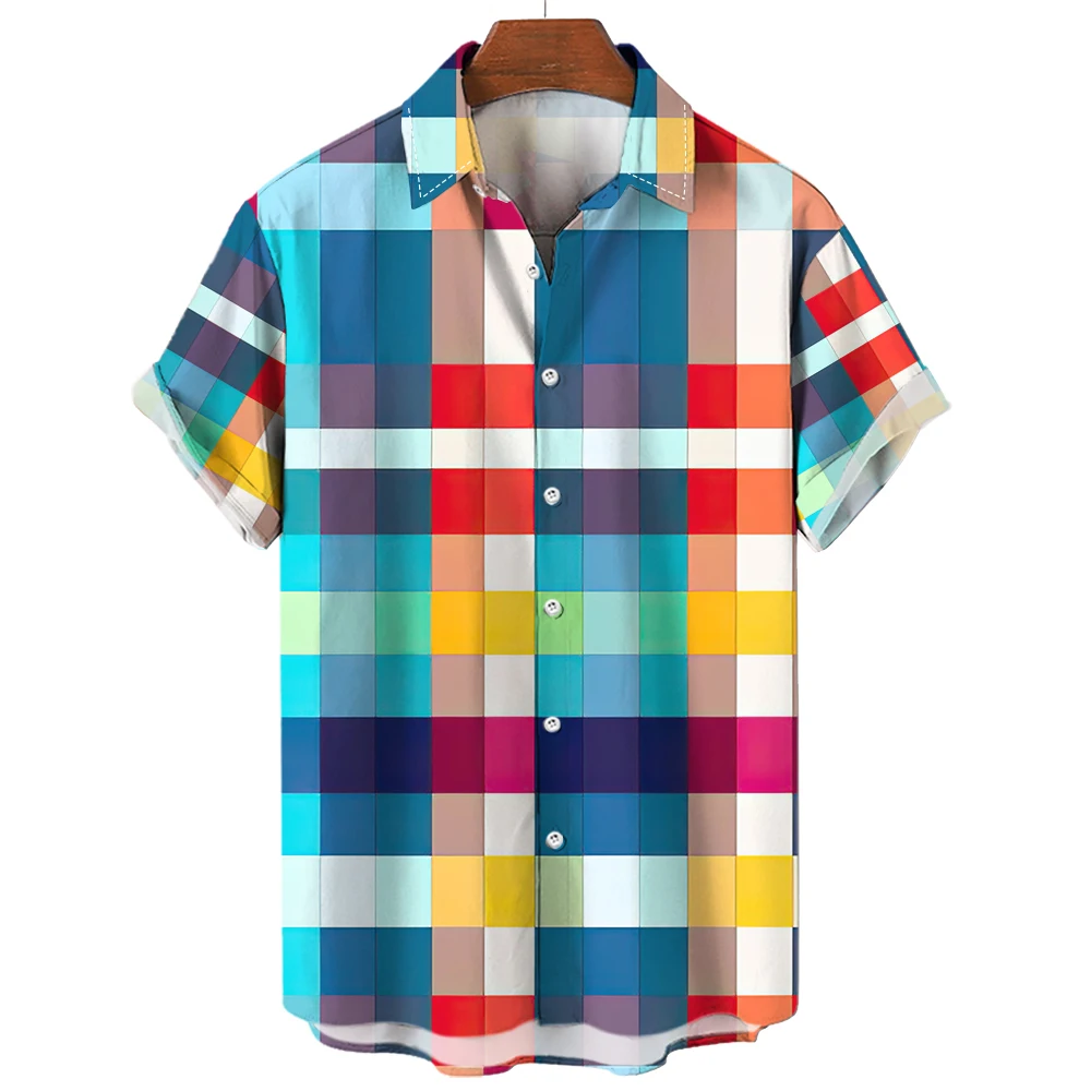 Top Trends: Hawaiian Rainbow Colorful Plaid Shirt For Man Oversized 3d Fashion Causal Short Sleeve Simple Button Beach Clothing Summer Shoppable Styles