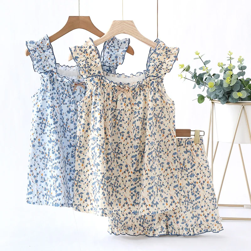 Top Trends: Summer New Women&#039;s Sleepwear Thin Sleeveless Short Homewear Clothes Cotton Gauze 2 Piece Set Floral Print Home Wear Shoppable Styles