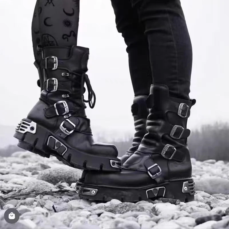 Top Trends: Men's Fashion Genuine Leather Motorcycle Boots Gothic Skull Punk Boots New Unisex Mid-calf Cowboy Boots Metallic Combat Boots48 Shoppable Styles