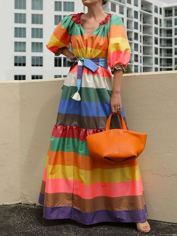 Top Trends: Lemongor Women Fashion Puff Sleeves Multi-Colored Striped V-Neck Party Dress Spring Autumn Elegant A-Line Evening Maxi Dresses Shoppable Styles