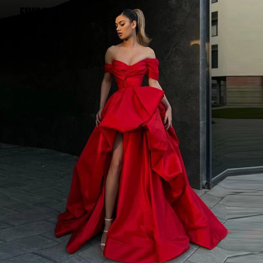 Top Trends: Fivsole Red Saudi High Low Evening Dresses 2023 Long Prom Gown Satin Pleat Formal Dubai Saudi Arbia Prom Dresses Robe De Soirée Shoppable Styles