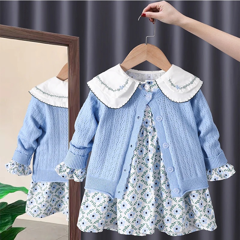 Top Trends: Korean Children's Clothing 2023 Spring Pastoral Two-Piece Sweater Matching Set Cotton Floral Kids' Dresses For Girls 1 To 6 Year Shoppable Styles