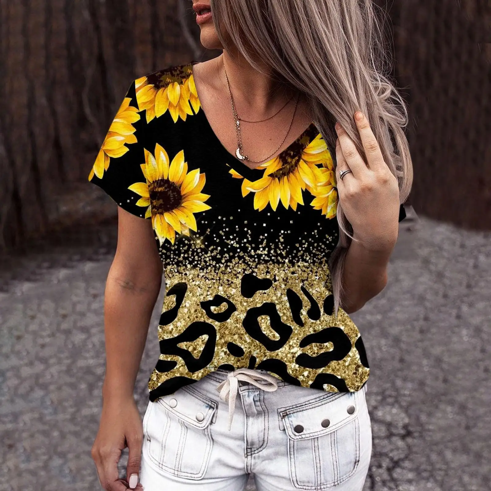 Top Trends: Summer Women'S T-Shirt Sunflower Short Sleeve Tee V Neck Fashion Harajuku Female Clothing Y2k Streetwear T Shirts For Ladies Top Shoppable Styles