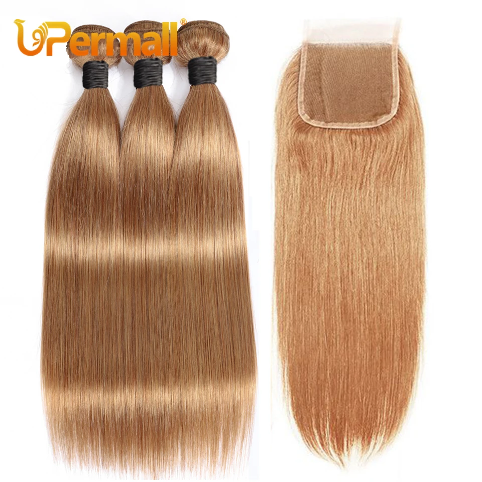 Top Trends: Upermall #27 Colored 3 / 4 Remy Bundles With Closure Straight Human Hair Honey Blonde Transparent 4x4 5x5 Lace Closure And Weaves Shoppable Styles