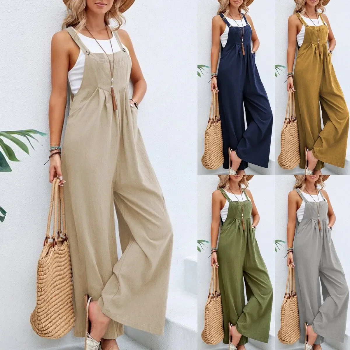 Top Trends: Vintage Cotton Linen Jumpsuit Women 2023 Casual Solid Button Wide Leg Suspender Pants With Pockets Summer Loose Overalls Rompers Shoppable Styles