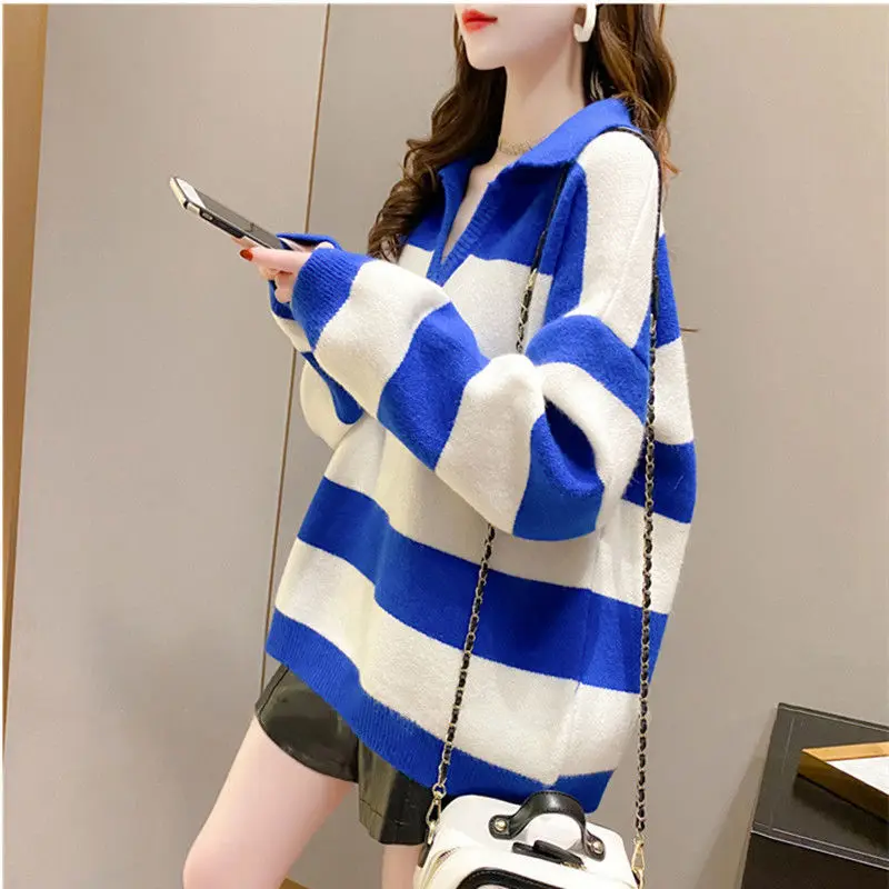 Top Trends: 2023 New Autumn And Winter Retro Lazy Minimalist V-neck Stripe Color Matching Loose Casual Oversized Thickened Women&#039;s Sweater Shoppable Styles