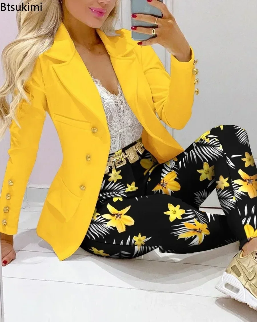 Top Trends: 2024 Spring Autumn Two Piece Set Women Office Tracksuits For Ladies Outfits Lapel Collar Double Breasted Blazer Suit Pants Set Shoppable Styles