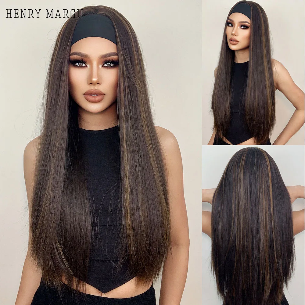 Top Trends: HENRY MARGU Long Straight Headband Synthetic Wig Brown Gloden Highlight Glueless Hair Wigs For Black Women Heat Resistant Wigs Shoppable Styles