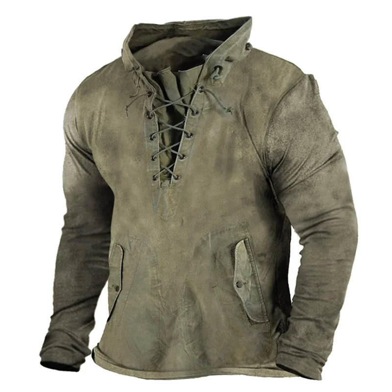 Top Trends: Men's Summer Tactical Long-sleeved T-shirt Outdoor Retro Lace-up Hooded Cool Top Plus Size Solid Color Hiking Fishing Hoodie Man Shoppable Styles