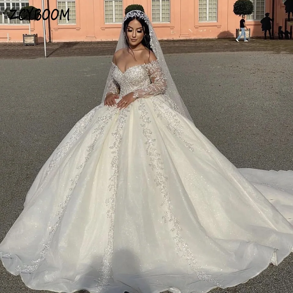 Top Trends: Luxury V-Neck Off The Shoulder Sequin Appliques White Wedding Dress 2024 Ball Gown Floor Length Long Sleeves Bridal Gown Shoppable Styles