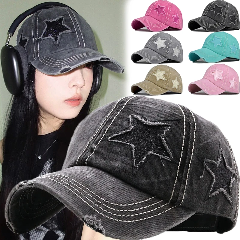 Top Trends: Y2K Star Snapback Hats Women Men Vintage Embroidery Pentagram Washed Cotton Baseball Caps Soft Top Denim Ponytail Hats Shoppable Styles