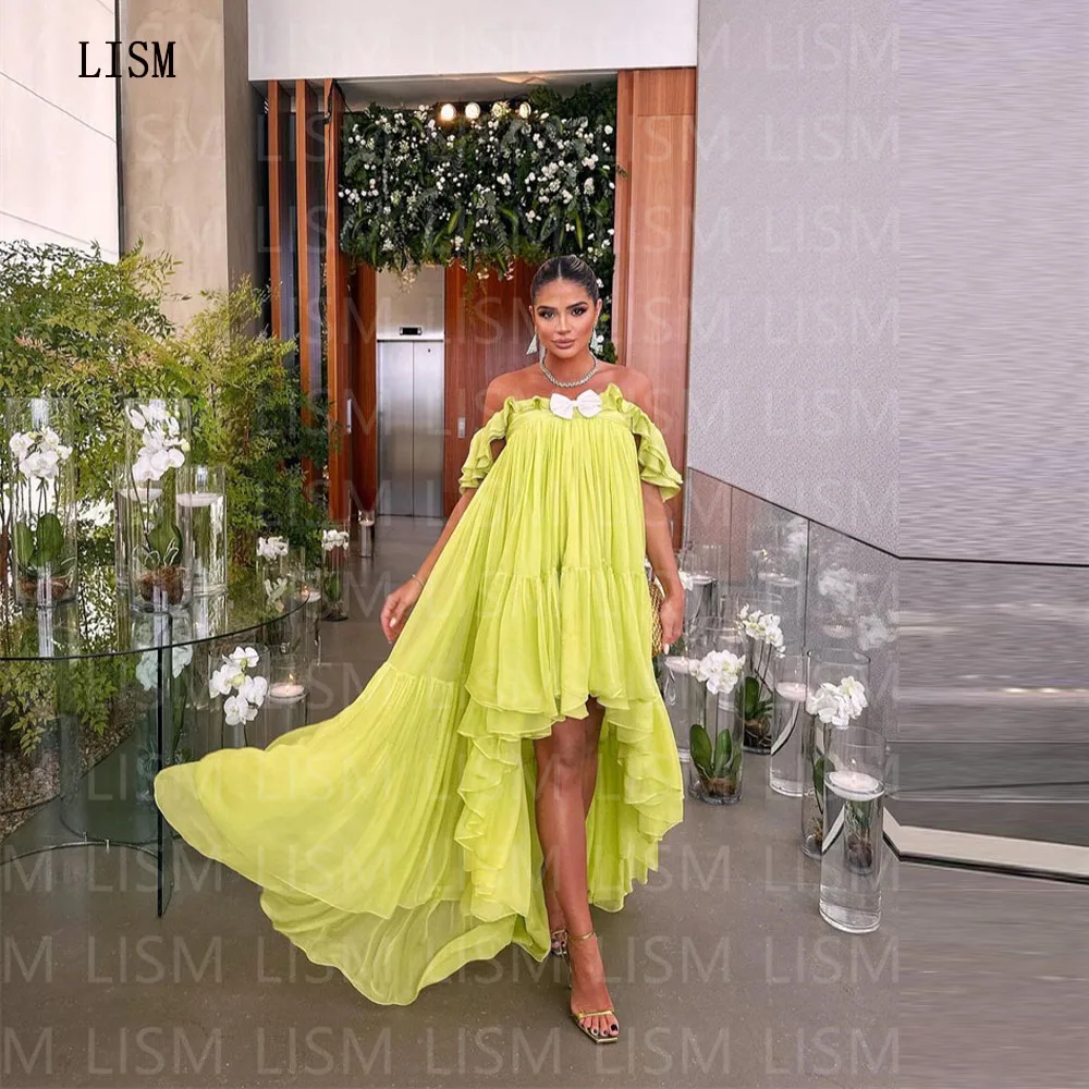 Top Trends: LISM Green A-line Strapless Off The Shoulder Evening Party Dresses High Low Tiered Chiffon Bow Floor Length Charming Prom Gown Shoppable Styles