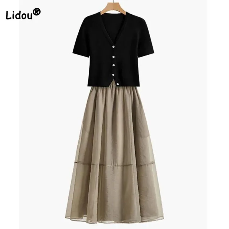 Top Trends: Fashion Solid Color V-Neck Button Tops Summer Short Sleeve Korean All-match Casual High Waist Skirt Two-piece Women's Clothing Shoppable Styles