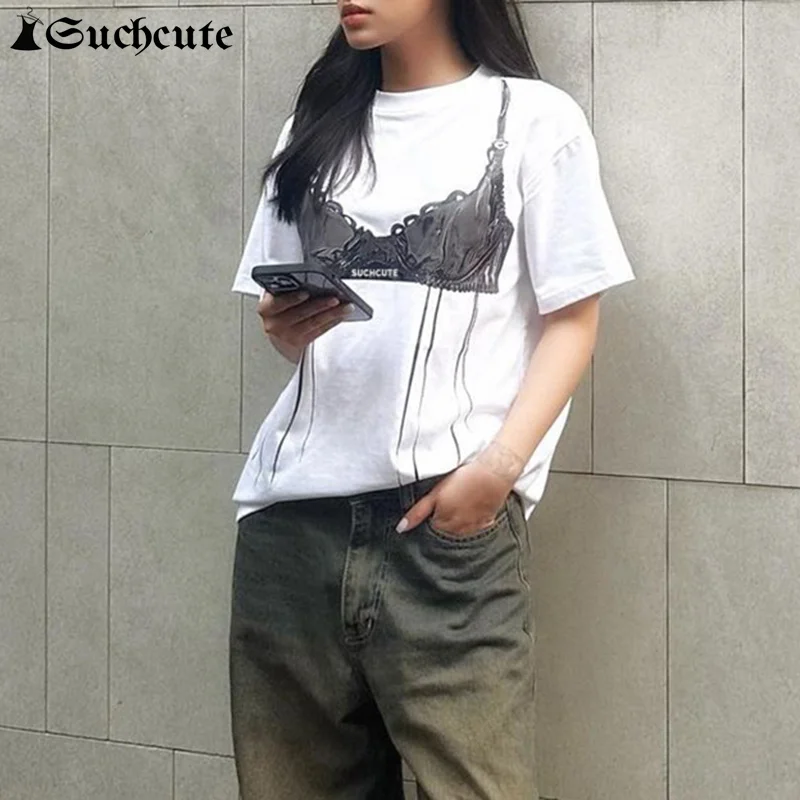 Top Trends: SUCHCUTE Knitted Korean Streetwear White Graphic T-shirt Women Lace Bra Letter Print Short Sleeve Tee Jerséis Summer Y2K Tops Shoppable Styles