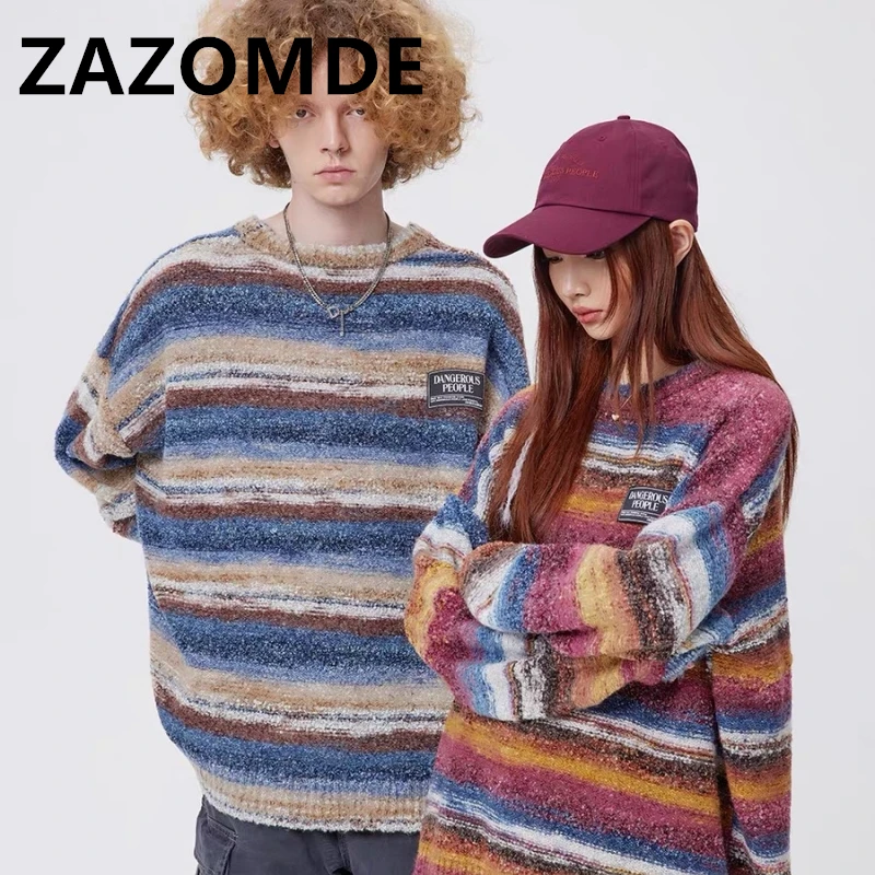 Top Trends: ZAZOMDE Autumn Colorful Couple Knitwear Sweater High Street Stripe Rainbow Knitted Coat Korean Fashion Contrast Color Jumper Men Shoppable Styles