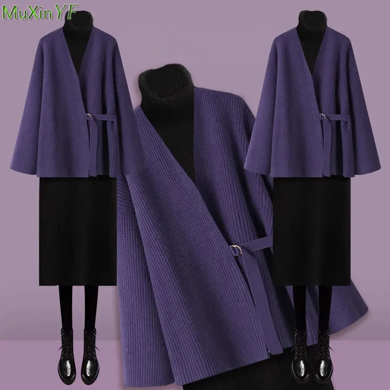 Top Trends: Women Autumn Winter Sweater Knit Turtleneck Dress 1 Or Two Piece Set Lady Graceful Purple Jacket Black Bottoming Dresses Outfits Shoppable Styles