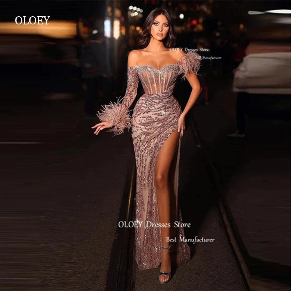 Top Trends: OLOEY Luxury Feathers Glitter Sequin Lace Mermaid Evening Dresses Split One Shoulder Long Sleeve Dubai Arabic Women Prom Gowns Shoppable Styles