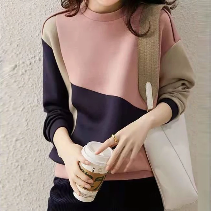 Top Trends: Autumn Winter Loose Casual Contrast Color Patchwork Sweatshirt Ladies Simple Fashion Pullover Top Women All-match Cotton Jumper Shoppable Styles - Image 5