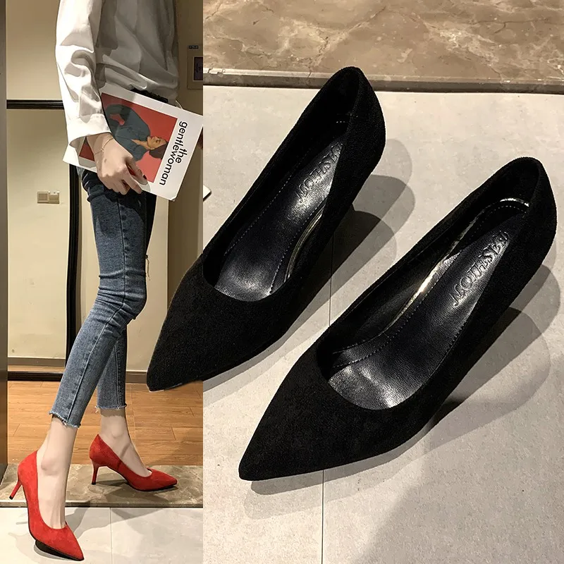 Top Trends: 2020 New Arrival Korean Concise Pointed Toe Office Shoes Women's Fashion Solid Flock Shallow High Heels Shoes For Women Shoppable Styles