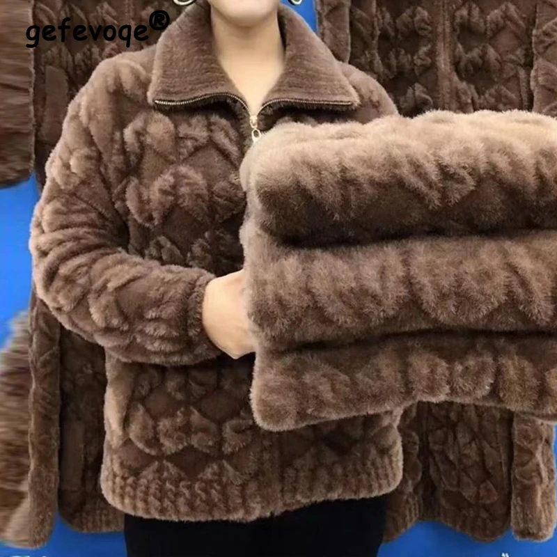 Top Trends: Middle Aged And Elderly Women Fashion Solid Loose Imitation Mink Fleece Warm Coat Winter Mother Casual Long Sleeve Zipper Jacket Shoppable Styles