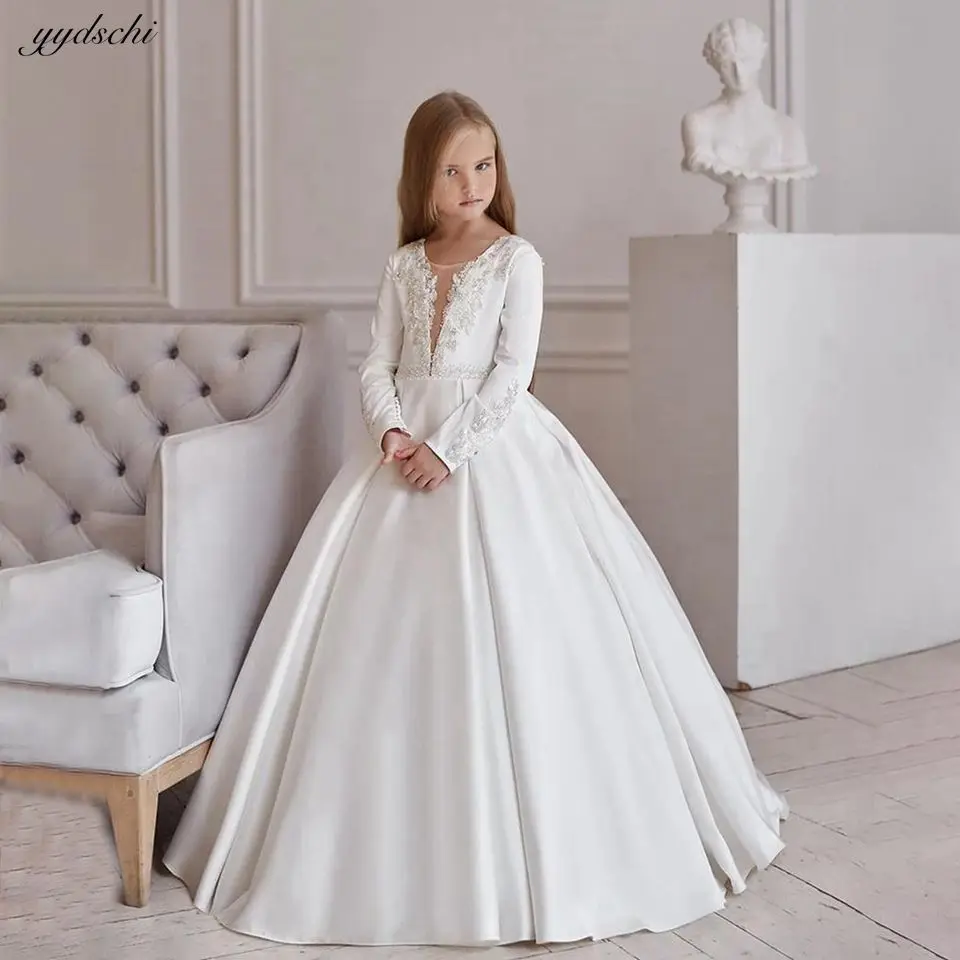 Top Trends: Exquisite White Full Sleeves Flower Girl Dresses For Wedding 2023 Satin Appliques Sparkly Beading Princess First Communion Gowns Shoppable Styles