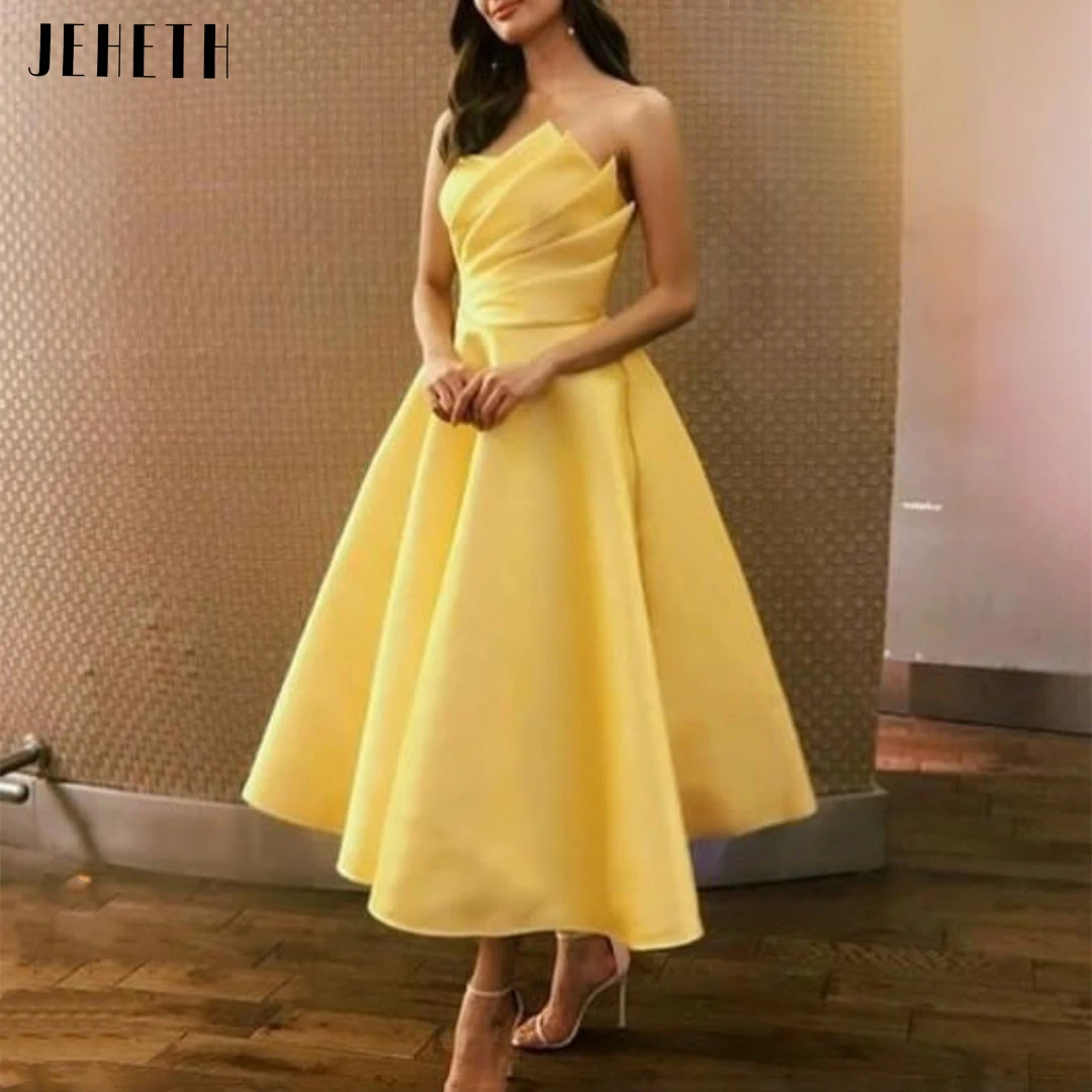 Top Trends: JEHETH Elegant Yellow Short Strapless Prom Dresses 2023 A-Line Tea Length Pleated Satin Party Evening Gowns With Pockets Shoppable Styles