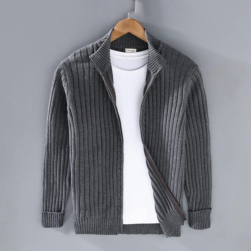 Top Trends: Autumn Winter New Men Cardigan Sweater Men's Stand Collar Zipper Cotton 100% Thickened Knit Solid Color High Street Clothes Shoppable Styles