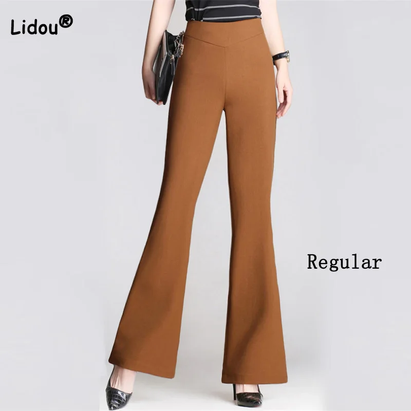 Top Trends: 2022 Spring Autumn New Office Lady Elastic Waist Lengthening Pants Women Caramel Black Drape Casual Micro Flare Regular Trousers Shoppable Styles