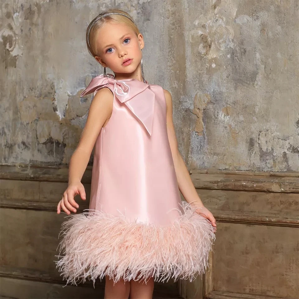 Top Trends: AsaNagi Pink Satin Evening Dress With Feather For Little Girl Shiny Luxurious Birthday Princess Dress Wedding Vestido De Festa Shoppable Styles