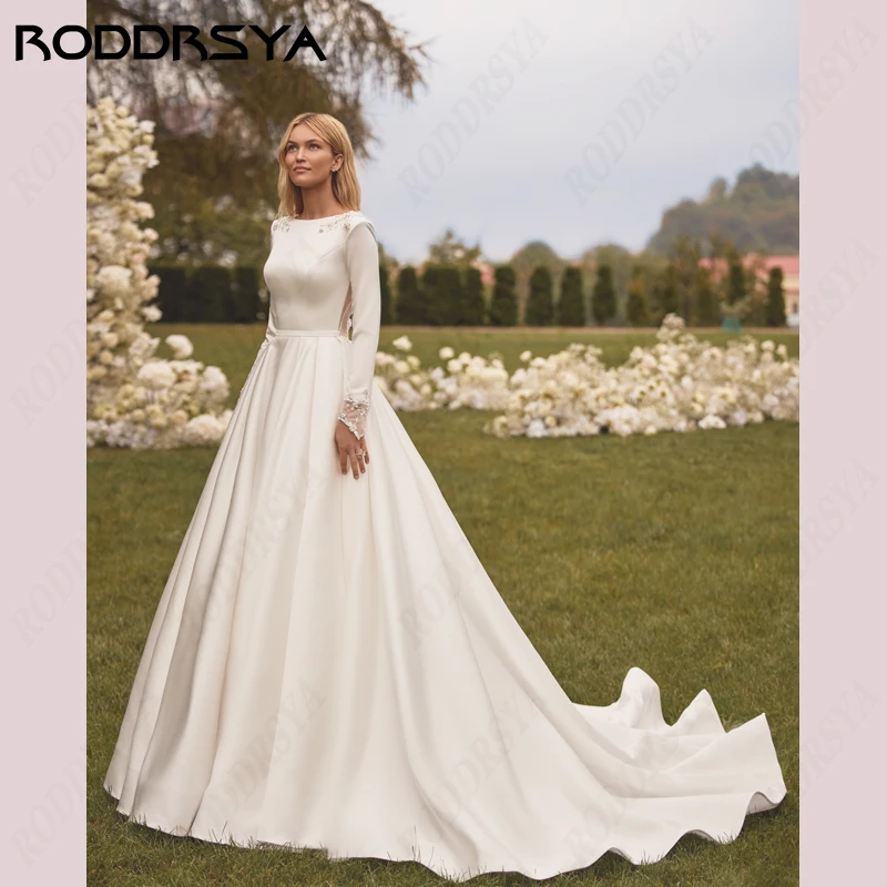 Top Trends: RODDRSYA Soft Satin Wedding Dress Long Sleeve A-Line Bridal Party Scoop-Neck Robe De Mariée Illusion Sequin Backless Bride Gown Shoppable Styles