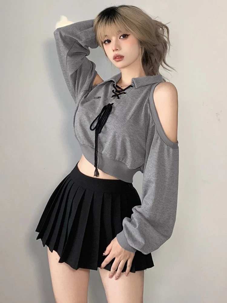 Top Trends: Deeptown Y2K Vintage Gray Cropped Hoodies Women Harajuku Sexy Off Shoulder Sweatshirts Korean Loose Casual Chic Tops Gothic Kpop Shoppable Styles