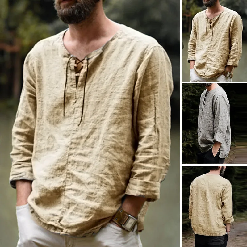 Top Trends: Spring 2021 New Men&#039;s Cotton Linen T Shirt Male Solid Color V Neck Bandage T Shirts Casual Long Sleeves Linen Tshirt Tops S-4XL Shoppable Styles