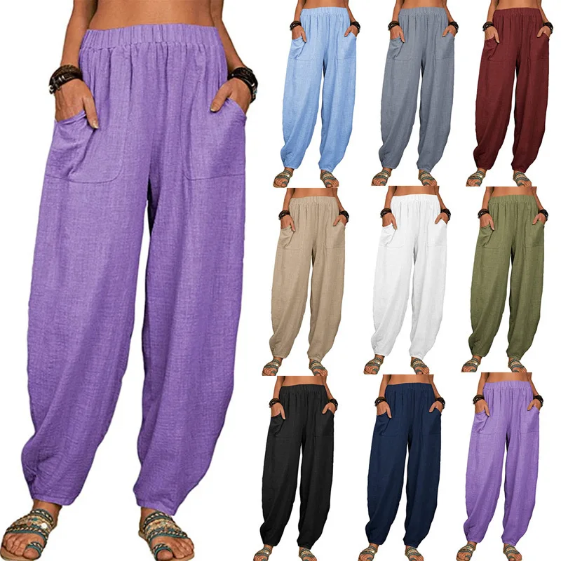 Top Trends: Women Harem Pants Summer Casual Vintage Cotton Linen Pants Elastic Waist Wide Leg Retro Loose Pockets Female Mom Trousers S-5XL Shoppable Styles