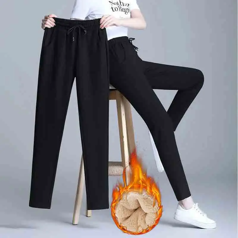 Top Trends: Korean Fashion Fleece Thicken Women Black Sports Pants Autumn Winter Elastic High Waist Slim Streetwear Versatile Casual Trouser Shoppable Styles