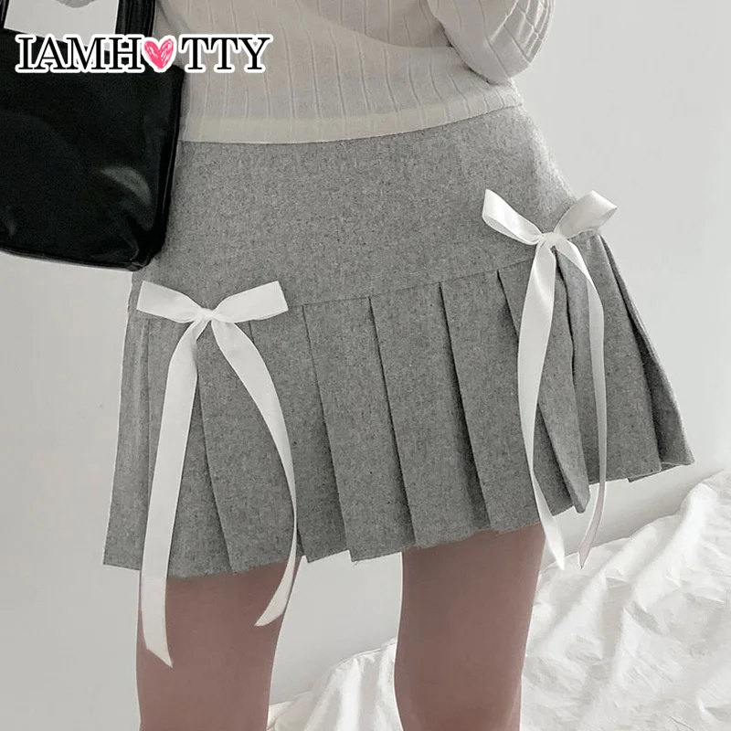 Top Trends: IAMHOTTY Cute Double Bow A-line Pleated Knitted Skirt High Waist Mini Skirts Preppy Style Sweeet Girls Streetwear Korean Outfits Shoppable Styles