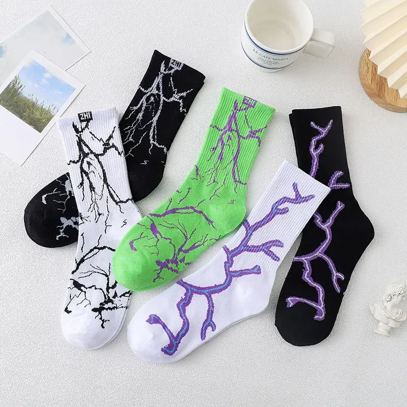 Top Trends: Korean Style Harajuku Skateboard Long Socks Creative Fun Lightning Hip Hop Style Socks Unisex Street Funny Happy Couple Socks Shoppable Styles