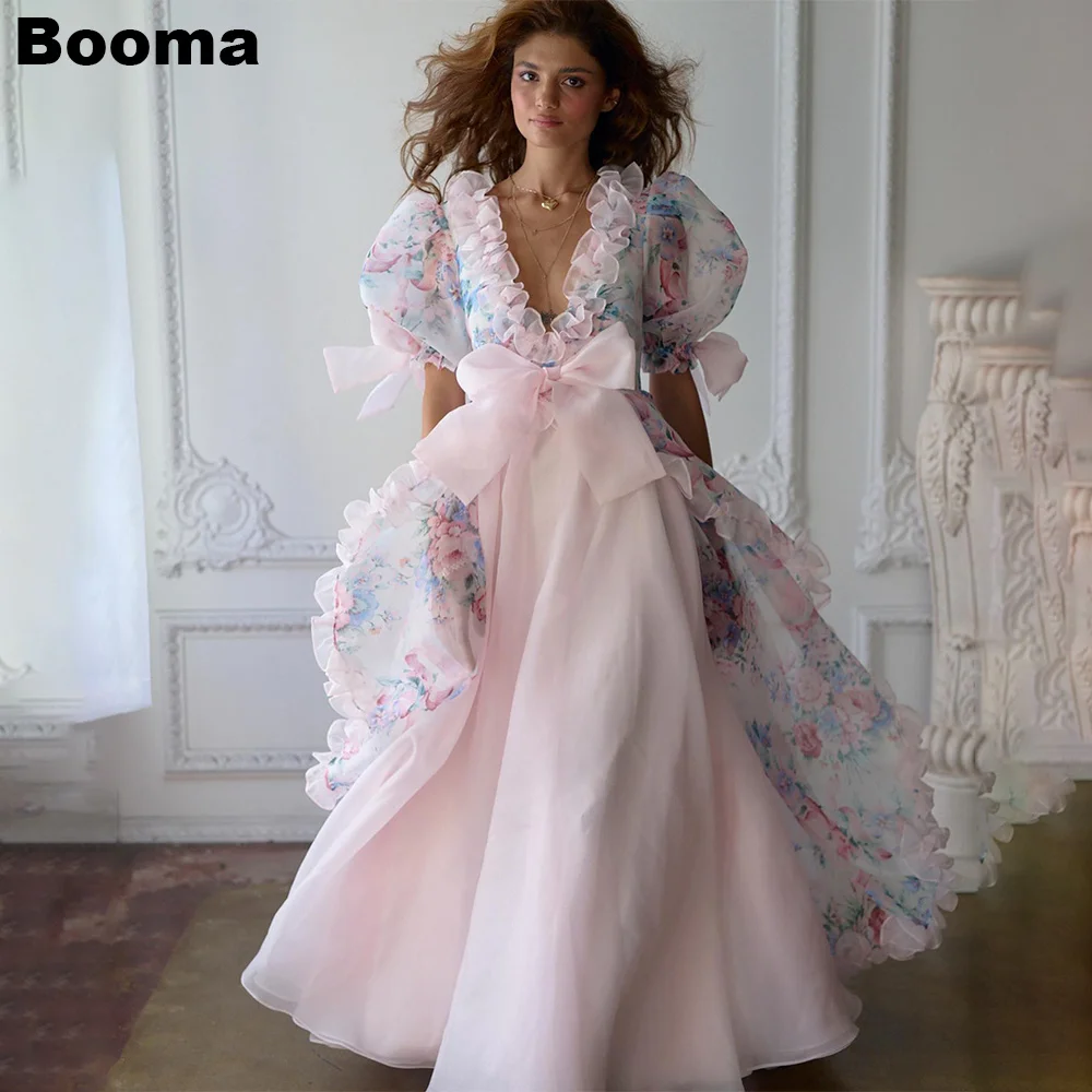 Top Trends: Booma Organza Selkie Long Princess Prom Dresses Ruffles Print Flowers Homecoming Graduation Dresses Short Sleeves Evening Dress Shoppable Styles