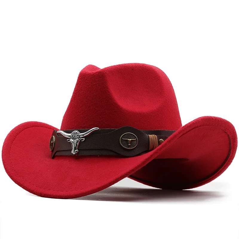 Top Trends: Simple Wome Men Red Wool Chapeu Western Cowboy Hat Gentleman Jazz Sombrero Hombre Cap Dad Cowgirl Hats Size 56-58cm Shoppable Styles