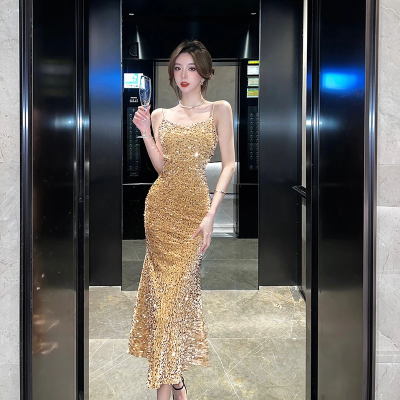 Top Trends: Sexy Sequins Midi Dresses For Women 2023 French Style Velvet Sleeveless Backless Slim Female Clothes Elegant Party Evening Dress Shoppable Styles